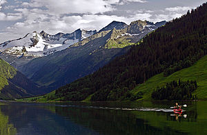 The Wildgerlosspitze is the fourth mountain from the left, seen from the Gerlosstausee