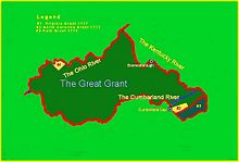 The Great Grant is shown between the Cumberland, Ohio, and Kentucky Rivers. The Blue line is the Cumberland River extended into the Great Grant Area. The grant extends below the Blue line and across the Cumberland Mountain into the Powell River Valley. The Great Grant line is contiguous with the Path Grant line along the length of Powell Mountain. Grant Map.jpg