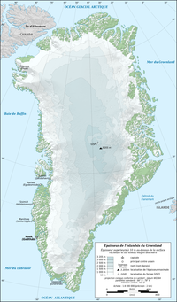 Carte des épaisseurs de l'inlandsis du Groenland ; GISP2 indique le site principal du Greenland Ice Sheet Project où a été extraite une carotte de glace de trois kilomètres de longueur.