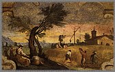 Harvesting (1615–1617, fresco, transferred to canvas, 18 × 23.5 cm, Pinacoteca, Cento, Italy). One of the frescos created (with the assistance of Lorenzo Gennari[6]) for Casa Pannini in Cento.[34] (Guercino himself came from a family of peasant farmers.)