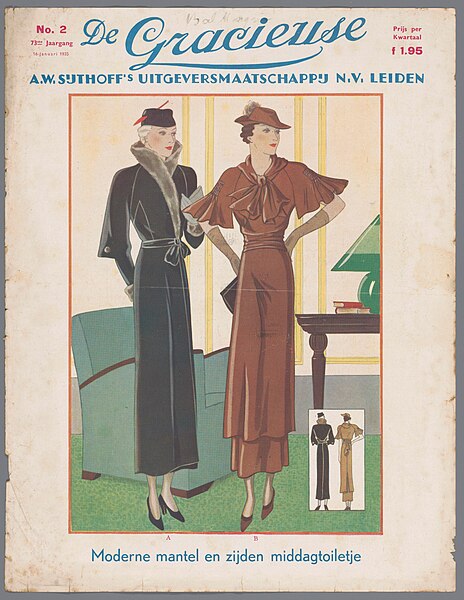 File:Het modetijdschrift als verleider De Gracieuze, No. 2, 73ste jaargang 16 Januari 1935 Moderne mantel en zijden middagtoiletje, RP-P-2009-4220.jpg