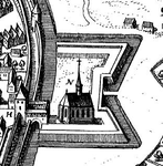 Weber-kyrkan i Zittau inuti ett hornverk (Ur Europaeum Theatrum, Volume 5, 1651)