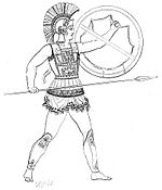 Kiri: lustrasi seorang hoplites, jenis infantri berat dalam armada Ionia Kanan: Ilustrasi prajurit pemanah dalam armada Persia