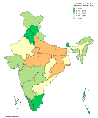 Indian states by HDI (UNDP method, 2018) Indian States and Union Territories by HDI (2018) (6).png