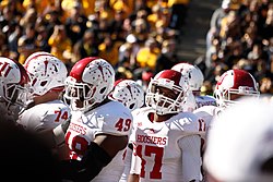 Indiana players during a homecoming game on October 11, 2014, against Iowa Iowa Beats Indiana (15356761288).jpg