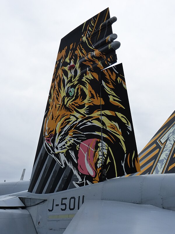 Tail fin of a Swiss Air Force Fliegerstaffel 11 F/A-18C Hornet