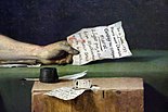 Detail from The Death of Marat by Jacques-Louis David. Marat's dead hand grips a piece of bloody paper which reads, "July 13, 1793. Marie Anne Charlotte Corday to Citizen Marat. Suffice it to say that I am very unhappy to be entitled to your benevolence."