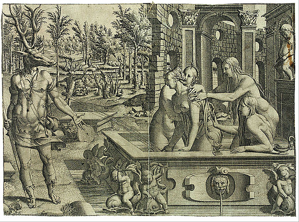 The Transformation of Actaeon, etching by Jean Mignon, 430 x 574 mm, 1550s?, without its very elaborate frame. Actaeon is shown three times, finally b
