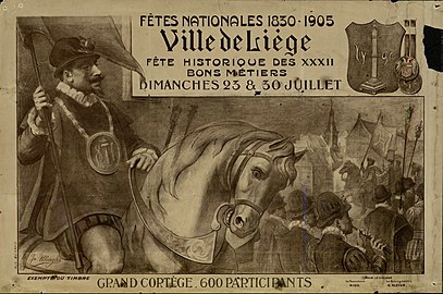 Fête nationale 1830-1925, Ville de Liège Fête historique des XXXII bons métiers, 1905 (Lithographie en couleurs ; 109 × 72,5 cm), Liège, Musée de la Vie wallonne