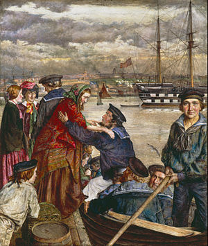 Sweethearts and Wives (1860), a harbour scene by the pre-Raphaelite, John Lee John J Lee - Sweethearts and Wives - Google Art Project.jpg