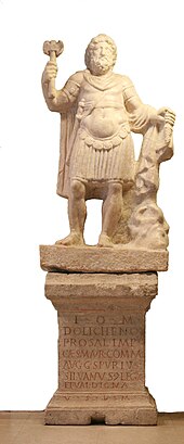 A votive statue of Jupiter Dolichenus dedicated by a centurion for the wellbeing of the emperor (Carnuntum, 3rd century) Jupiter dolichenus 3rd century Carnuntum.jpg