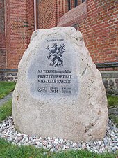 The stone near Szczecin Cathedral commemorating the Kashubians (a Lehitic peoples), with an image of the Pomeranian Griffin