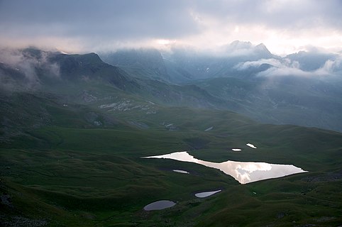 Lakes of Abishira-Akhuba Ridge under heavy clouds