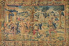 King Astyages commands Harpagus to take the infant Cyrus and slay him, tapestry by Jan Moy (1535-1550). King Astyages commands Harpagos to take the infant Cyrus and slay him, Jan Moy 1535-1550.jpg