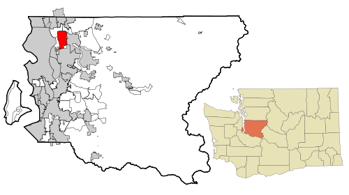 Location of Kirkland within King County, Washington, and King County within Washington