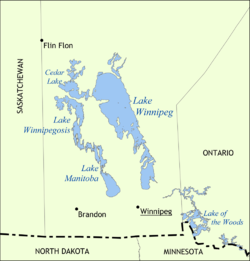 Cedarjärvi (ylinnä vasemmalla) ja muut Manitoban Preeriajärvet