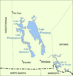 Karta över Manitobasjön och närliggande sjöar.