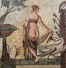 A mosaic from the Sanctuary of Aphrodite, Palea Paphos Cyprus. Cyprus Museum, Nicosia. Around 3rd century AD Leda mosaic crop.jpg