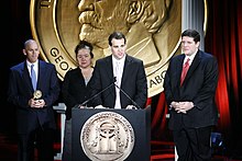 Tom Moore, Karen Gadbois, Lee Zurik and Dominic Massa accept an award for NOAH Housing Program Investigation at the 68th Annual Peabody Awards. Lee Zurik and the crew of NOAH Housing Program Investigation at the 68th Annual Peabody Awards.jpg