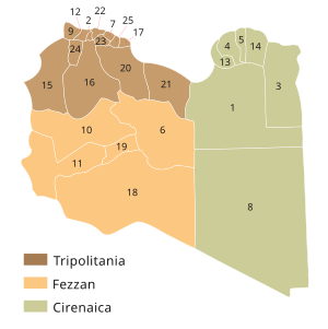 Libyan governorates-districts ("Baladiyah") in 1987 Libia regions with numbers.svg