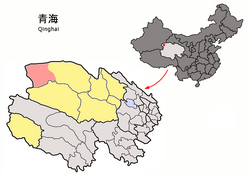 Mangnai (light red) within Haixi Prefecture (yellow) and Qinghai.