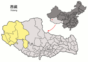 Location of Ngari Prefecture (administrative area in yellow) in the Autonomous region Location of Ngari Prefecture within Xizang (China).png