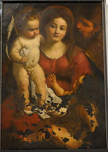 Madonna with Child, Saint John, and Saint Eligio Vescovo, by Pellegro Piola, 1640, oil on slate