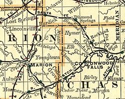 Карта 1893 года, на которой изображен Лось на границе графств Чейз и Мэрион.