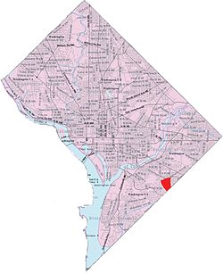 Mappa di Washington, DC, con il quartiere di Naylor Gardens evidenziato in rosso