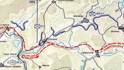 The area of operations of Task Force Hansen in December 1944. The German line of attack is shown in red; American units, in blue, represent the situation around 20 December after reinforcements had moved into place. Map of Malmedy-Stavelot December 1944.png