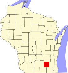 Location of Jefferson County in Wisconsin Map of Wisconsin highlighting Jefferson County.svg