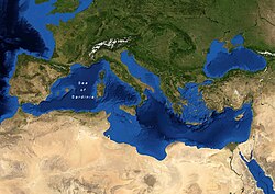 Marea Sardiniei pe o imagine de satelit a Mării Mediterane.