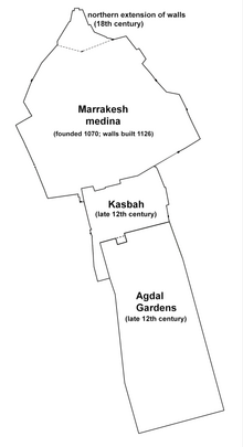 The outline of the ramparts of Marrakesh today, including Almohad and later expansions. Marrakech walls with Agdal (with labels and dates).png
