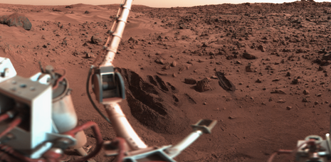 Viking 1 lander's sampling arm scooped up soil samples for tests (Chryse Planitia) Mars Viking 11d128.png