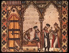 A group of medieval Jewish moneylenders conducting business. Medieval-Jewish-moneylenders.jpg