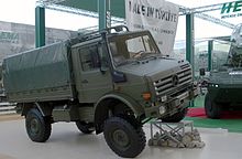 Unimog truck at the International Defence Industry Fair (IDEF) in 2007 Mercedes Benz Unimog Turkey exhibition side.JPG
