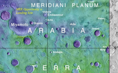 Annotated elevation map of Opportunity landing site and some surrounding craters including Endeavour and Miyamato Meridianicropped.png