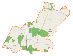 Mapa konturowa gminy Milanów, u góry po prawej znajduje się punkt z opisem „Radcze”