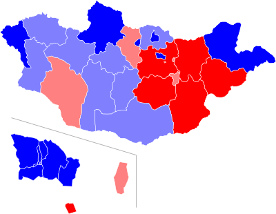 2013 presidential election result: Provinces and Ulaanbaatar districts won by Elbegdorj (blue), Bat-Erdene (red). Darker shades represent a majority (more than half), lighter shades represent pluralities.
