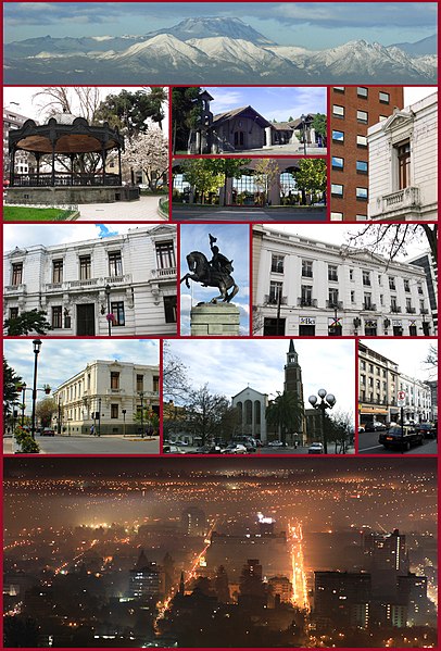 1º row: Andes mountains in Talca. 2º row: (left) Town square of Talca, (centre-top) Catholic University of the Maule, (centre-down) Ancient Library of