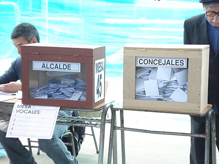 Ballot boxes for votes for mayors and council people, seen on a polling station in Penalolen. Municipales 2008.JPG