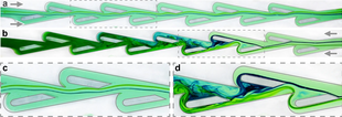 Streakline flow visualization at Re=200 using dye injected upstream:

(a) Forward direction. Two adjacent filaments remain in the central corridor of the conduit with only small lateral deflections.

(b) Reverse direction. The filaments ricochet off the periodic structures, deflecting increasingly sharply before being rerouted around the 'islands' and mixing.
(c) and (d) are zoomed-in images Nguyen Tesla flow visualization.webp