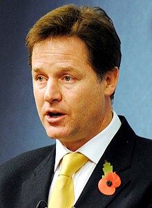 Nick Clegg, Leader of the Liberal Democrats and Deputy Prime Minister. Nick Clegg election infobox.jpg