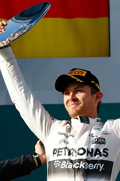 Nico Rosberg celebrates second place during the podium ceremony.