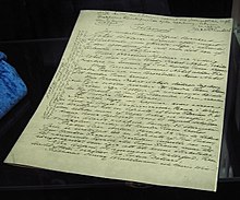 Facsimile of Alfred Nobel's last will, displayed at Bjorkborn Manor Nobel will Bjorkborn.jpg