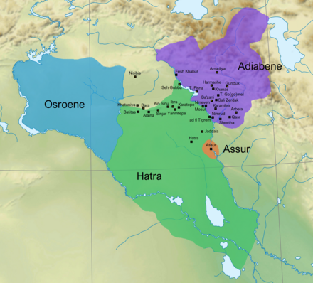 Approximate borders of the semi-autonomous northern Mesopotamian vassal kingdoms Osroene, Adiabene and Hatra, and the semi-autonomous Assur city-state, in AD 200. Osroene was a vassal of the Roman Empire, whereas the others were Parthian vassals. Also marked on the map are important sites and cities in the former Assyrian heartland that were occupied during this time. Northern Mesopotamian vassal kingdoms AD 200.png