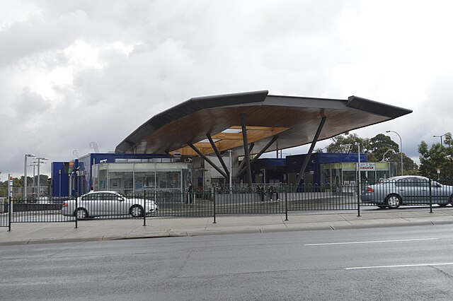 Picture of Nunawading railway station exterior, taken from across Springvale Road in May 2014.