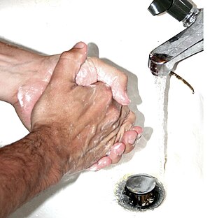 Person washing hands with soap and water.