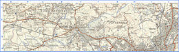 3: Extract from OS 1-25,000 scale maps SD73 (west section pub 1955) and SD83 (east section published 1954) showing historical locations around Padiham. Grid lines are 1 km.