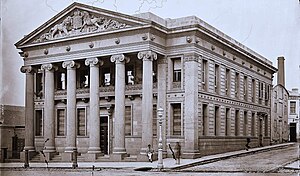 The Oriental Bank, one of Australia's earliest bank buildings, located in Melbourne, circa 1870s. The bank went out of business in around 1884 and was demolished shortly afterwards. Oriental Bank in Melbourne, Australia (1870s).jpg